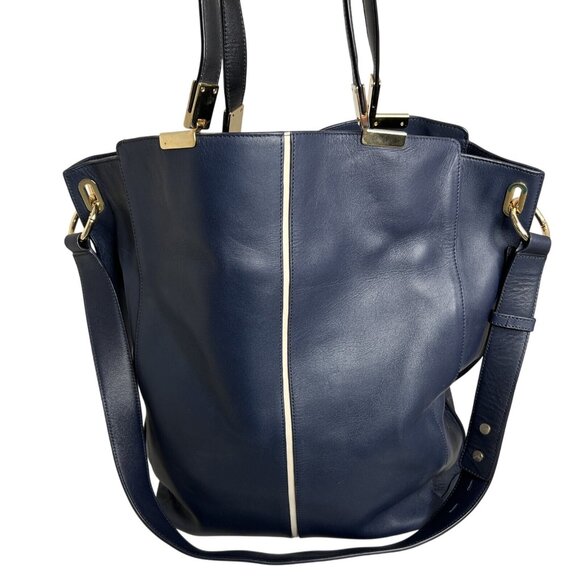 Times Arrow Large Navy Blue Leather Tote Bag Gold Hardware /White Accent - Picture 1 of 9